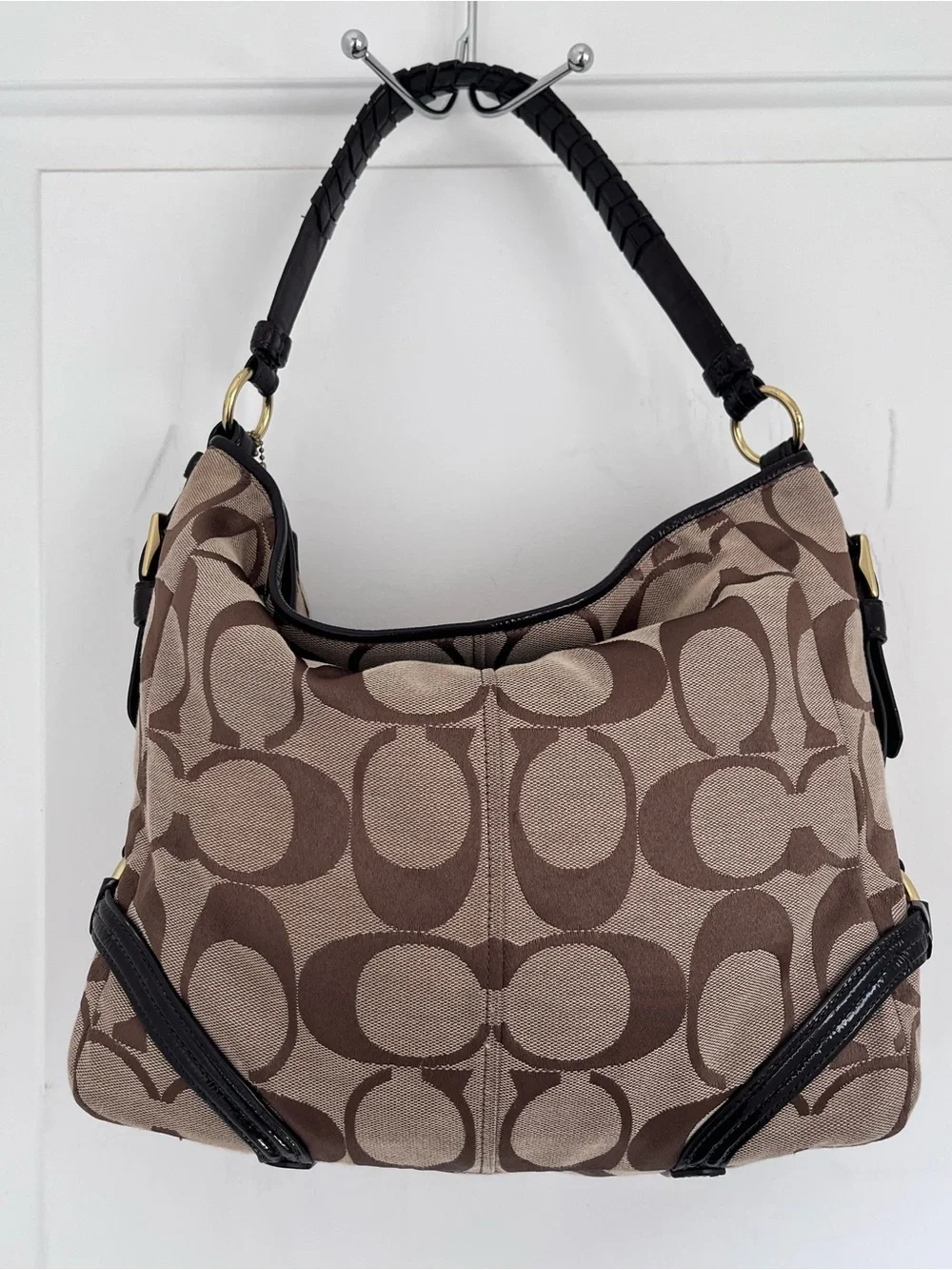 Coach Brown Signature Canvas Hobo with Black Trim